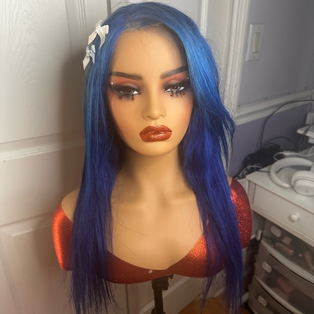 Human hair blue wig